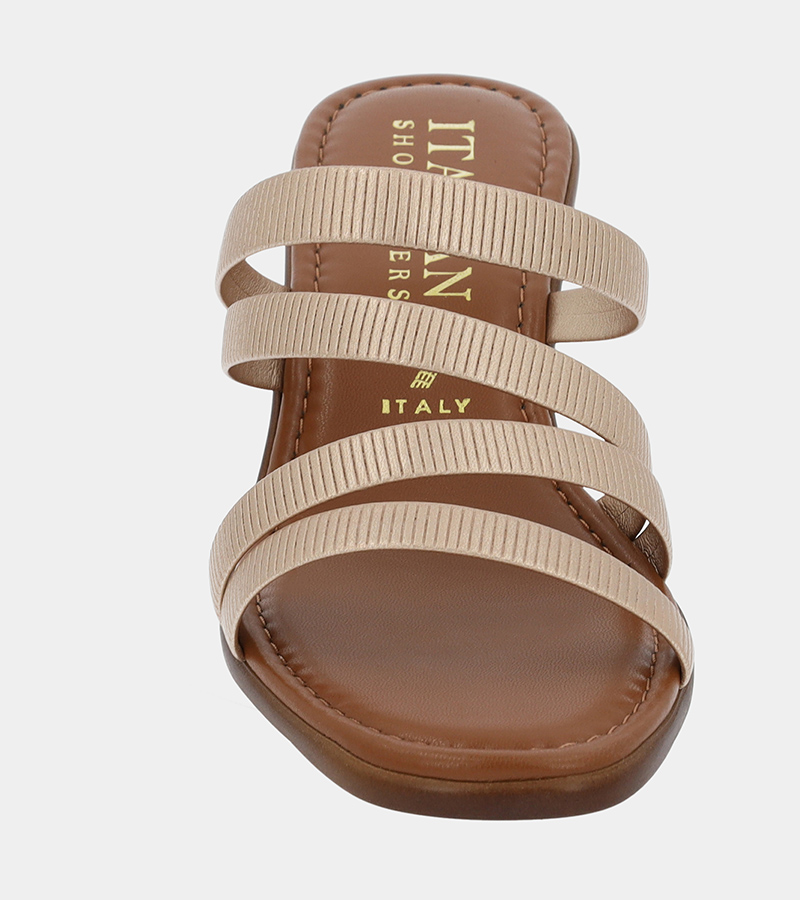 Automated product photography of a tan leather block-heel slide sandal with cream webbing straps, front view