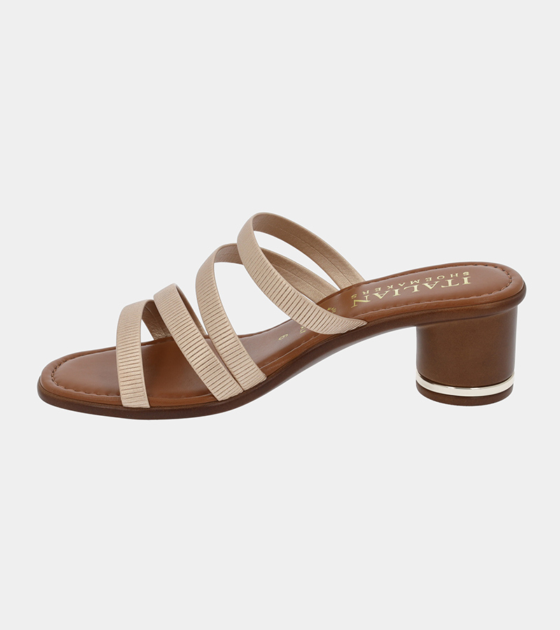 Automated product photography of a tan leather block-heel slide sandal with cream webbing straps, straight profile view