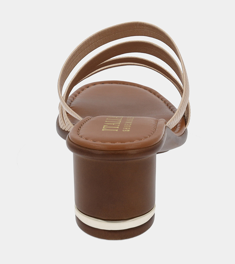 Automated product photography of a tan leather block-heel slide sandal seen from behind, back view showing the heel
