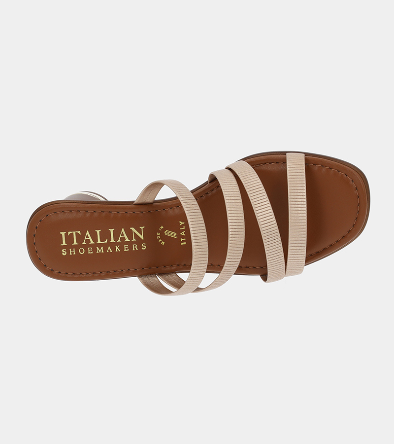 Automated product photography of a tan leather block-heel slide sandal photographed from above, top view of the footbed