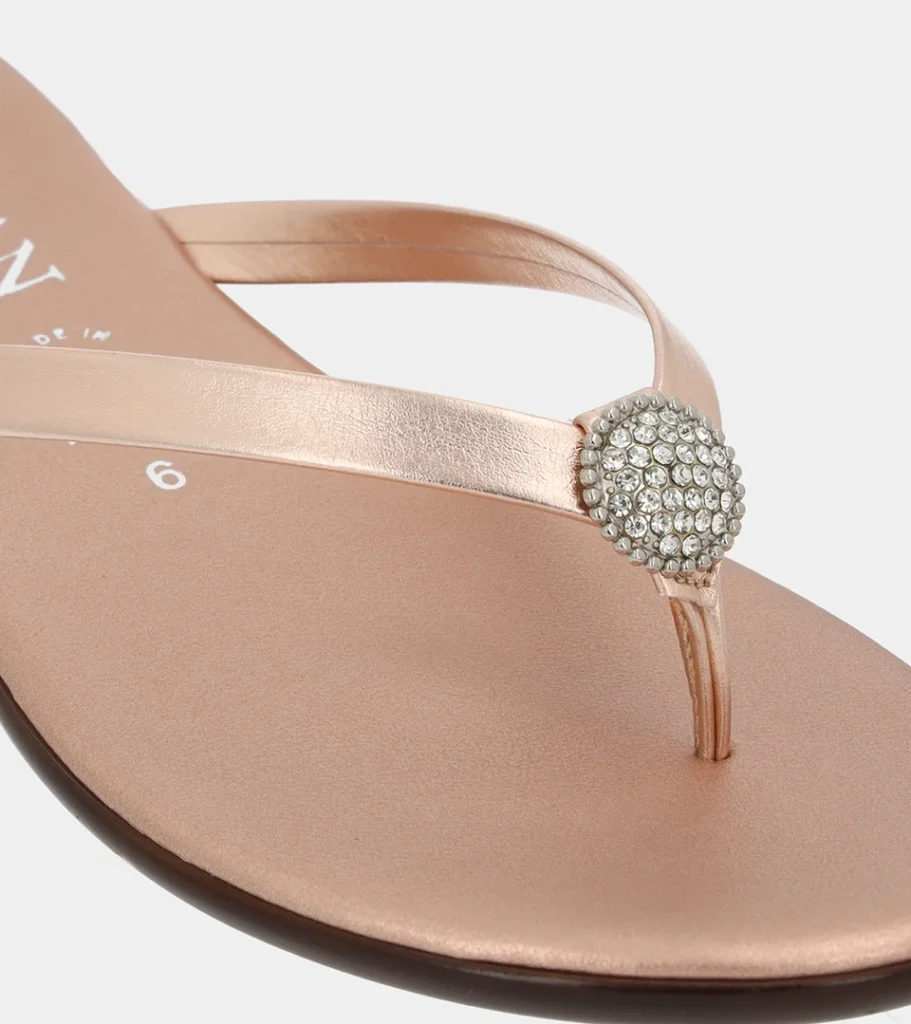 Automated product photography of the pavé crystal ornament and toe post on a blush metallic leather thong sandal, close-up detail
