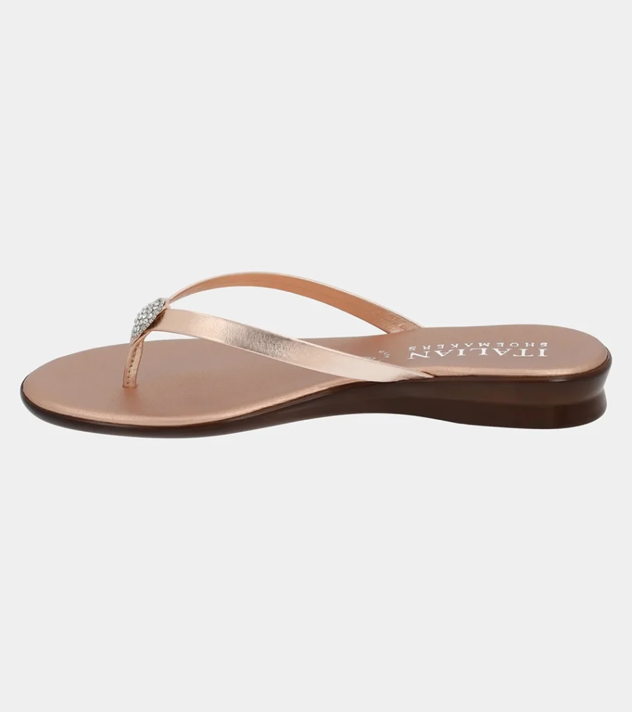Automated product photography of a blush metallic leather thong sandal photographed from above at a three-quarter angle