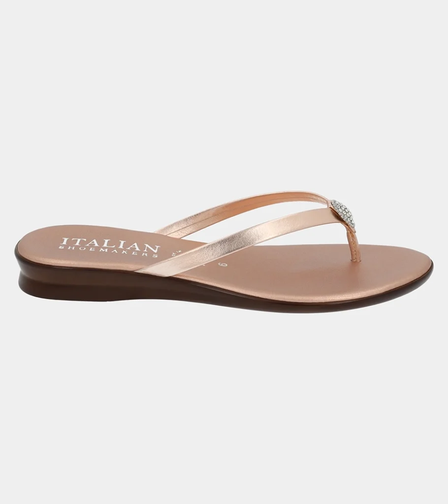 Automated product photography of a blush metallic leather thong sandal, side view showing the wedge profile and stitched footbed