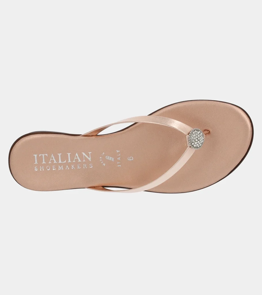 Automated product photography of a blush metallic leather thong sandal, overhead view of the strap and footbed