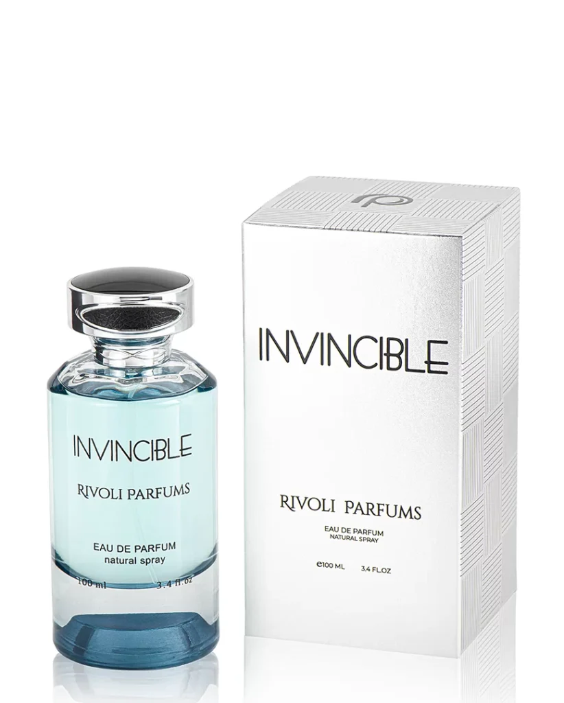 Product photography of a teal eau de parfum bottle with a silver cap beside its white printed carton, on white