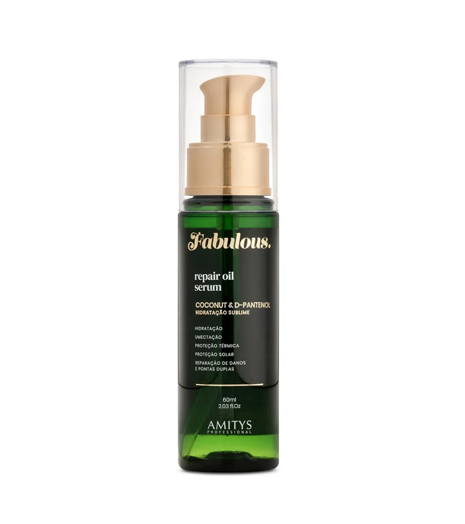 Product photography of a dark green serum bottle with a clear pump dispenser, on white