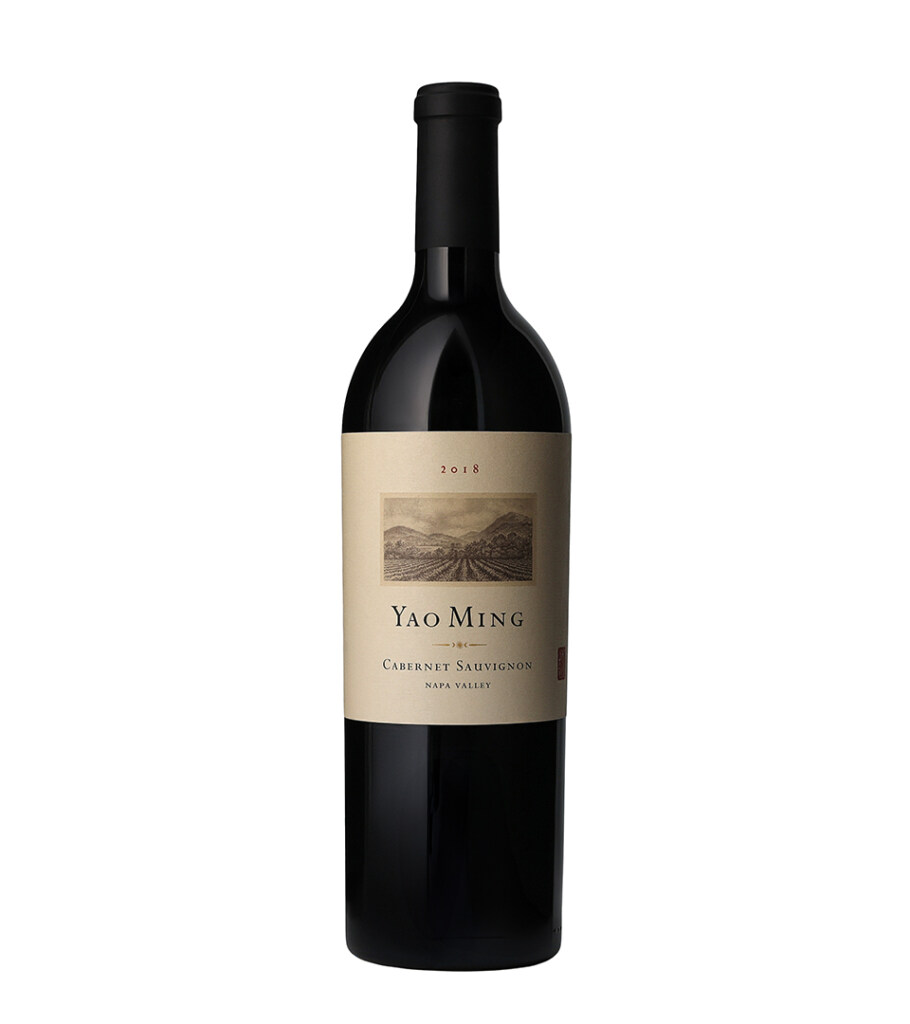 Product photography of a red wine bottle with a black capsule and cream landscape label, front view on white