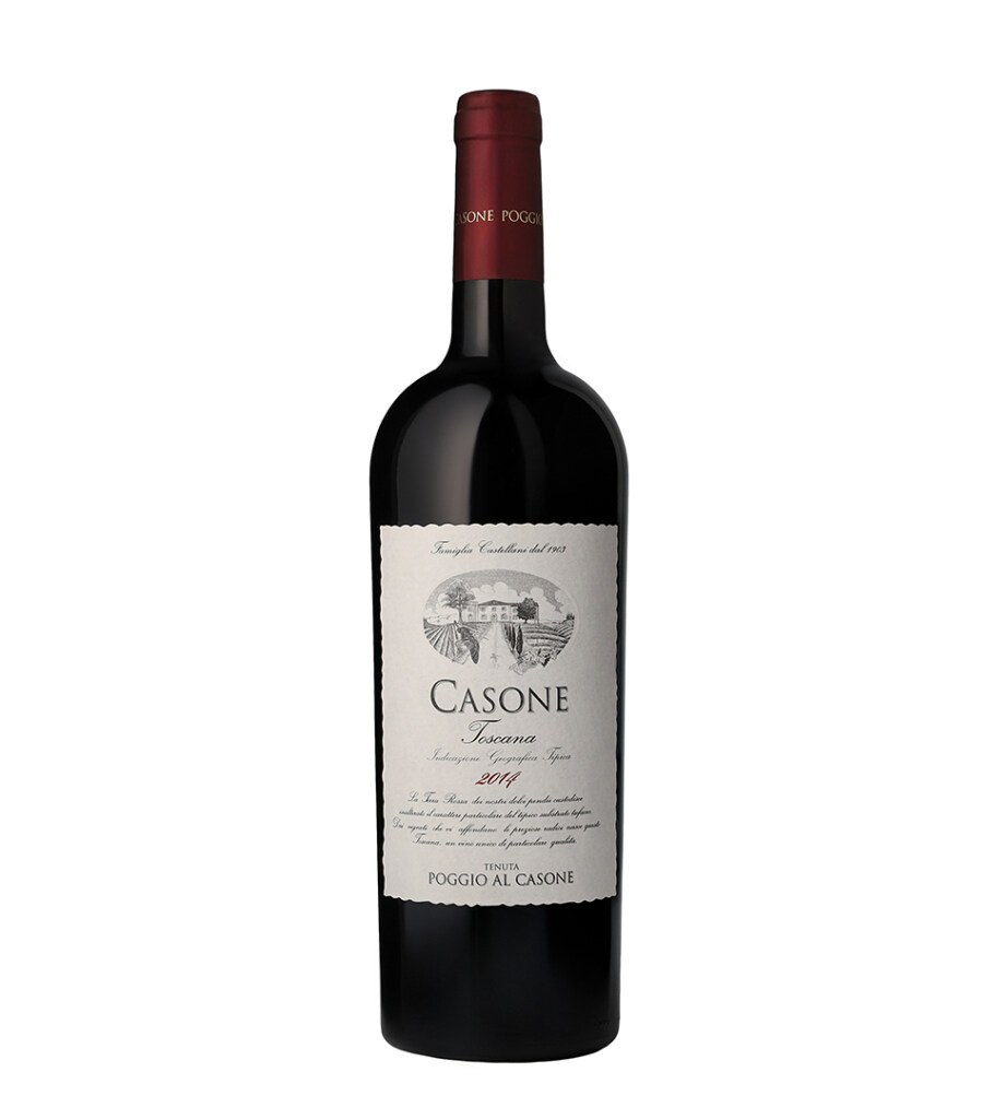 Product photography of a red wine bottle with a burgundy capsule and white crest label, front view on white