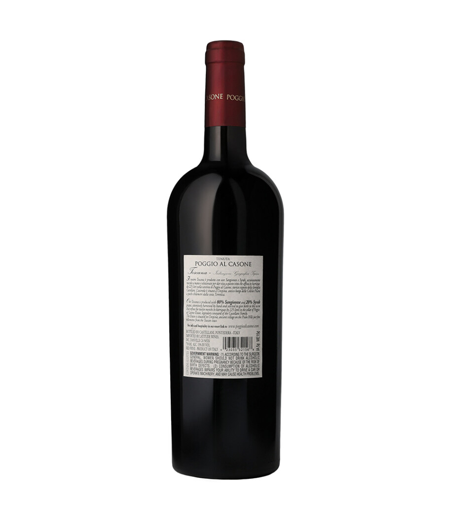 Product photography of a red wine bottle photographed from the back showing the rear label, on white
