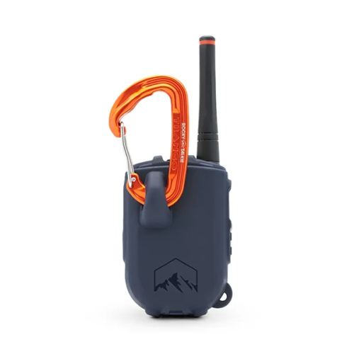 Product photography of a navy handheld two-way radio with an orange carabiner attached at the top, rear view showing the belt clip