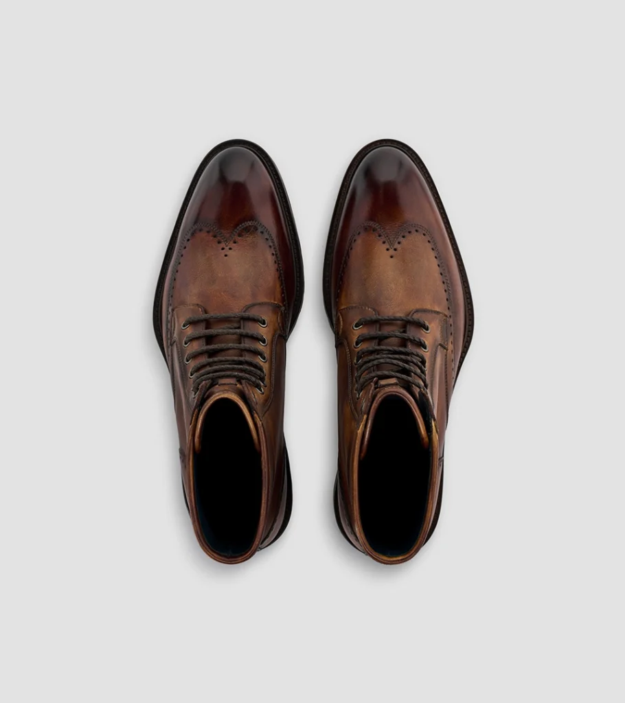 Shoe product photography of a pair of brown leather derby lace-ups shot from directly overhead