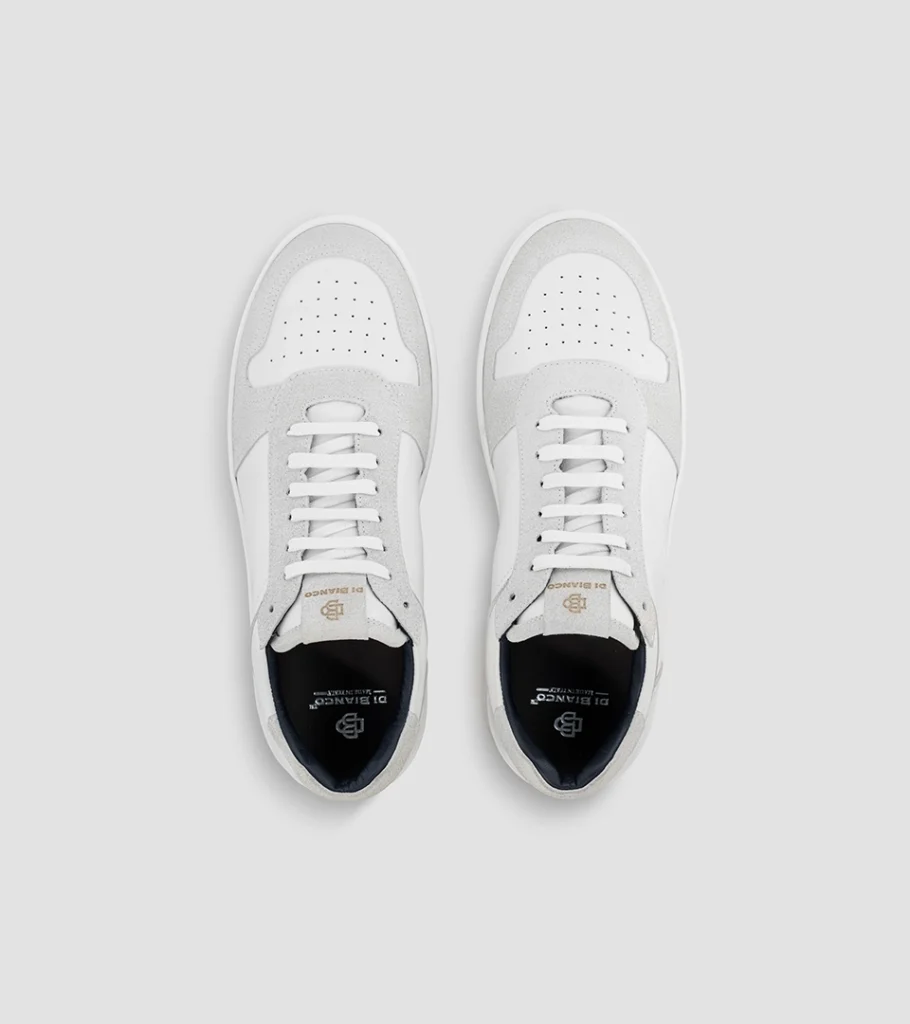 Shoe product photography of a pair of white leather sneakers shot from directly overhead