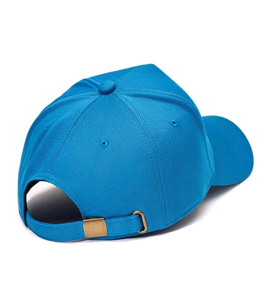 Product photography of a bright blue baseball cap from behind, showing the adjustable strap closure