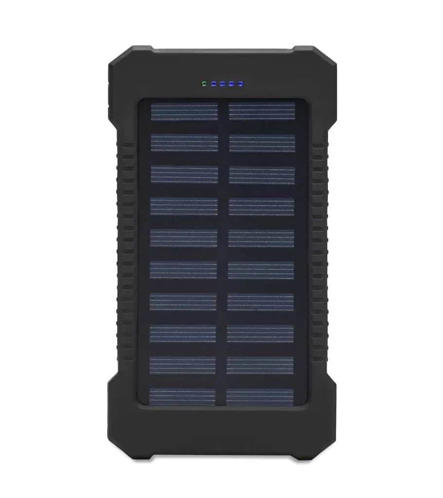 Product photography of a black solar power bank with a textured case, front view showing the solar panel