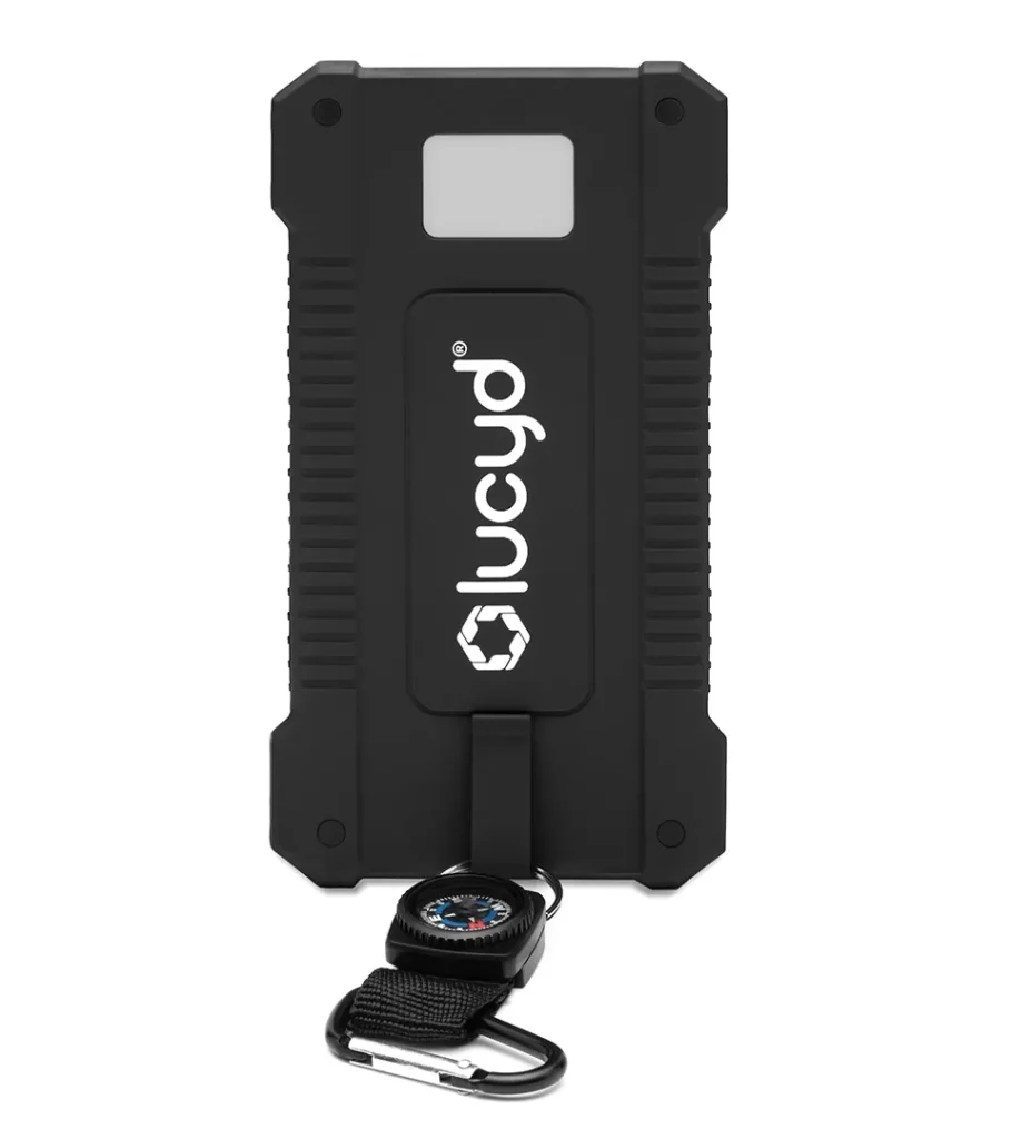 Product photography of a black rugged power bank with a carabiner clip attached, front view