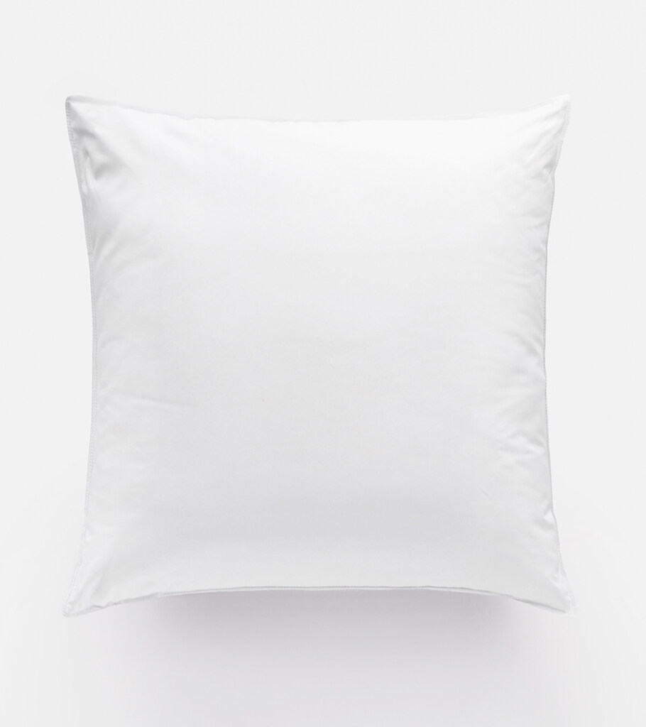 Product photography of a plump white square pillow insert, front view on white