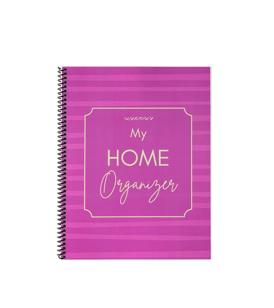 Product photography of a magenta striped spiral-bound home organizer notebook, front cover