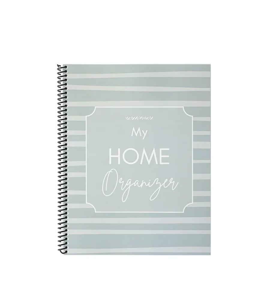 Product photography of a pale sage striped spiral-bound home organizer notebook, front cover