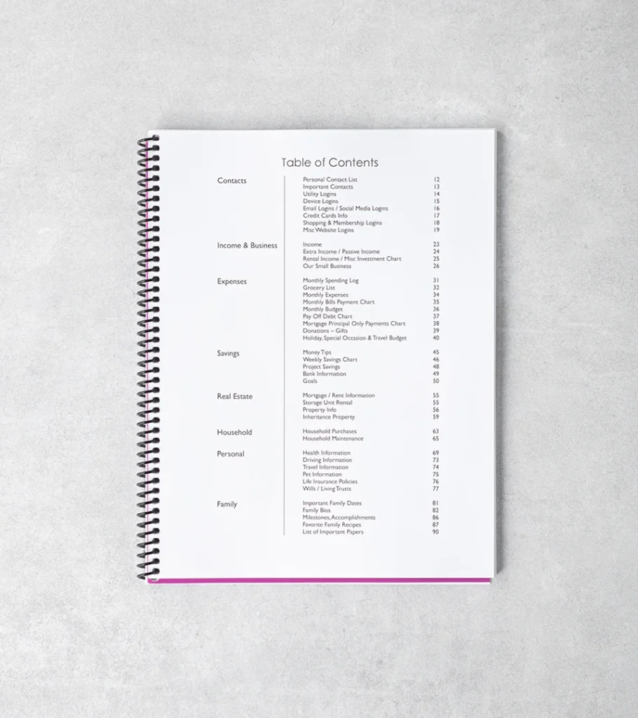 Product photography of a spiral-bound organizer notebook opened flat to show a printed contents page