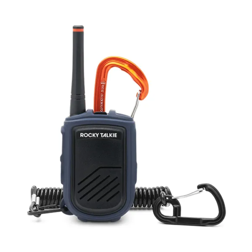 Product photography of a navy handheld two-way radio shown with a coiled cable and orange carabiner accessory