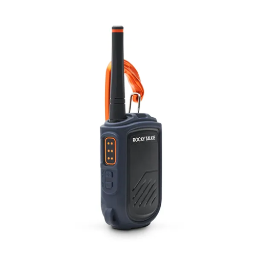 Product photography of a navy handheld two-way radio with an orange antenna, angled three-quarter view