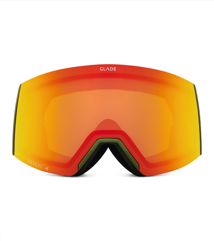 Product photography of ski goggles with an orange mirrored cylindrical lens, front view