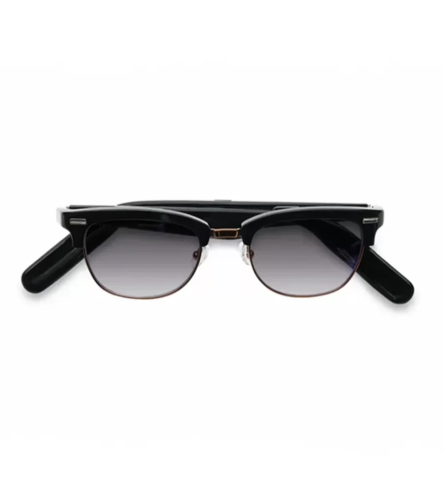 Product photography of black browline sunglasses with grey gradient lenses, front view