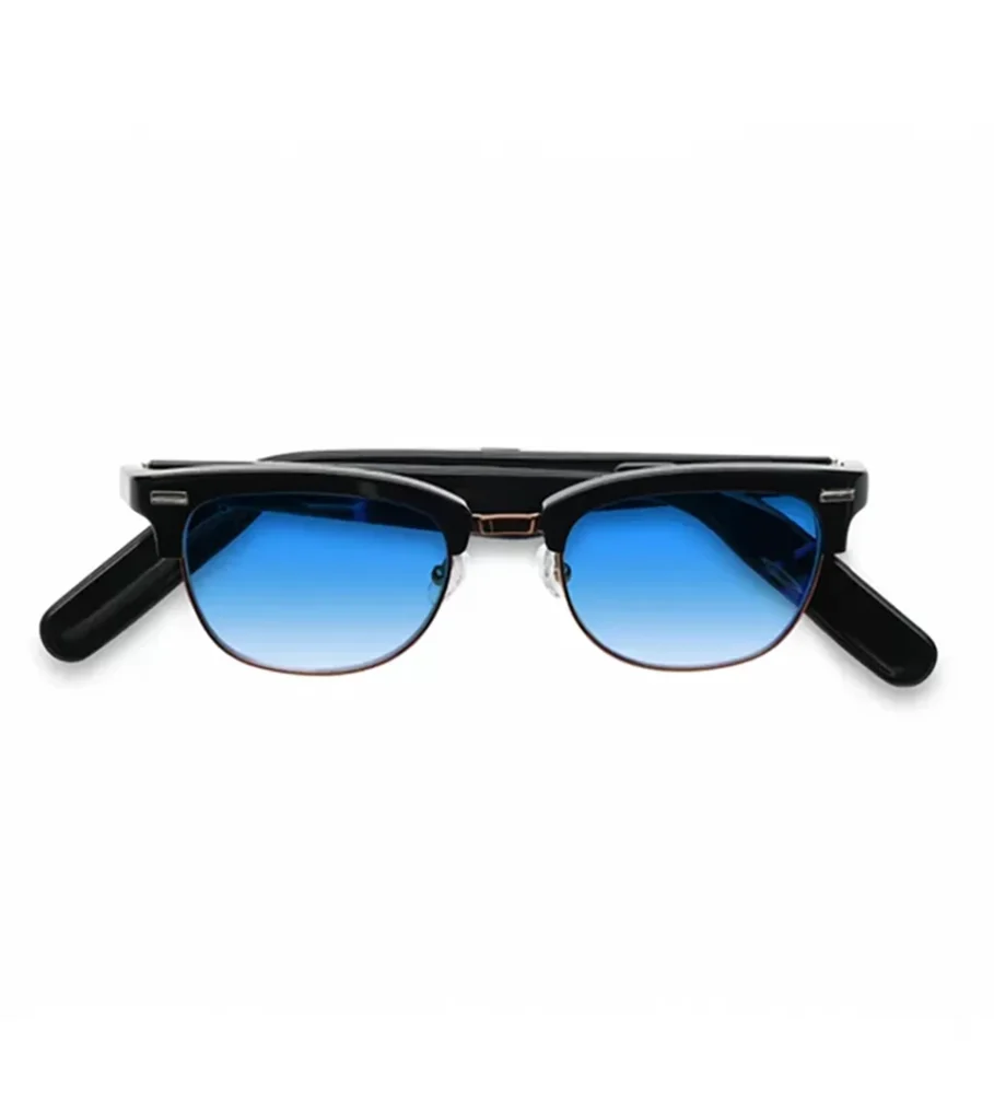 Product photography of black browline sunglasses with blue gradient lenses, front view