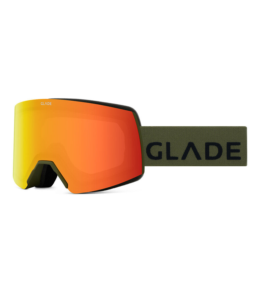 Product photography of snow goggles with orange lens and olive green logo strap, side view