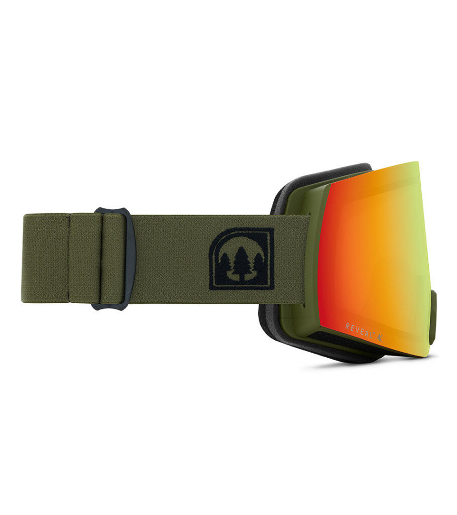 Product photography of ski goggles with red mirrored lens and olive strap with emblem, angled view