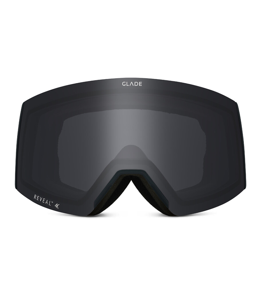 Product photography of black frameless snow goggles with a dark smoke lens, front view