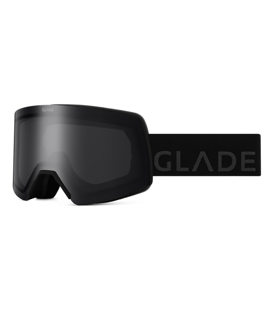 Product photography of black ski goggles with tonal logo strap, side profile view