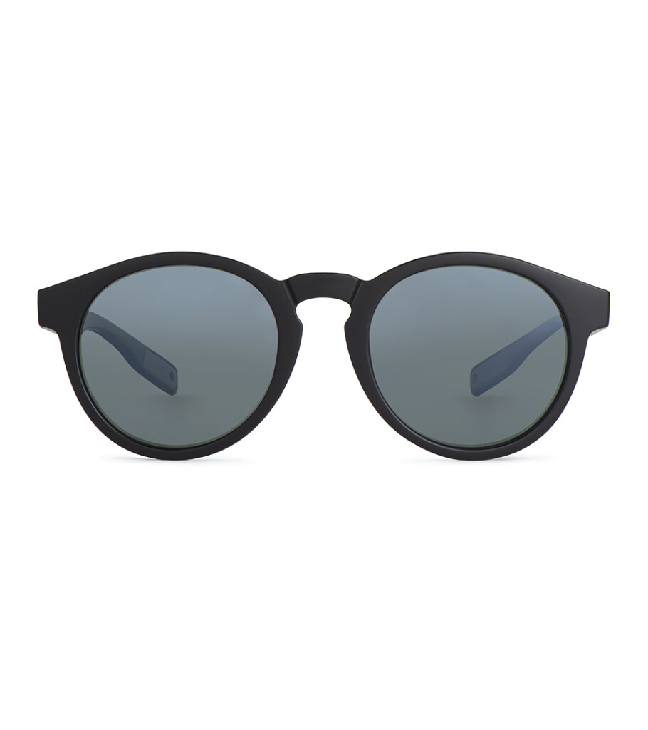 Product photography of round black sunglasses with flat grey lenses, front view