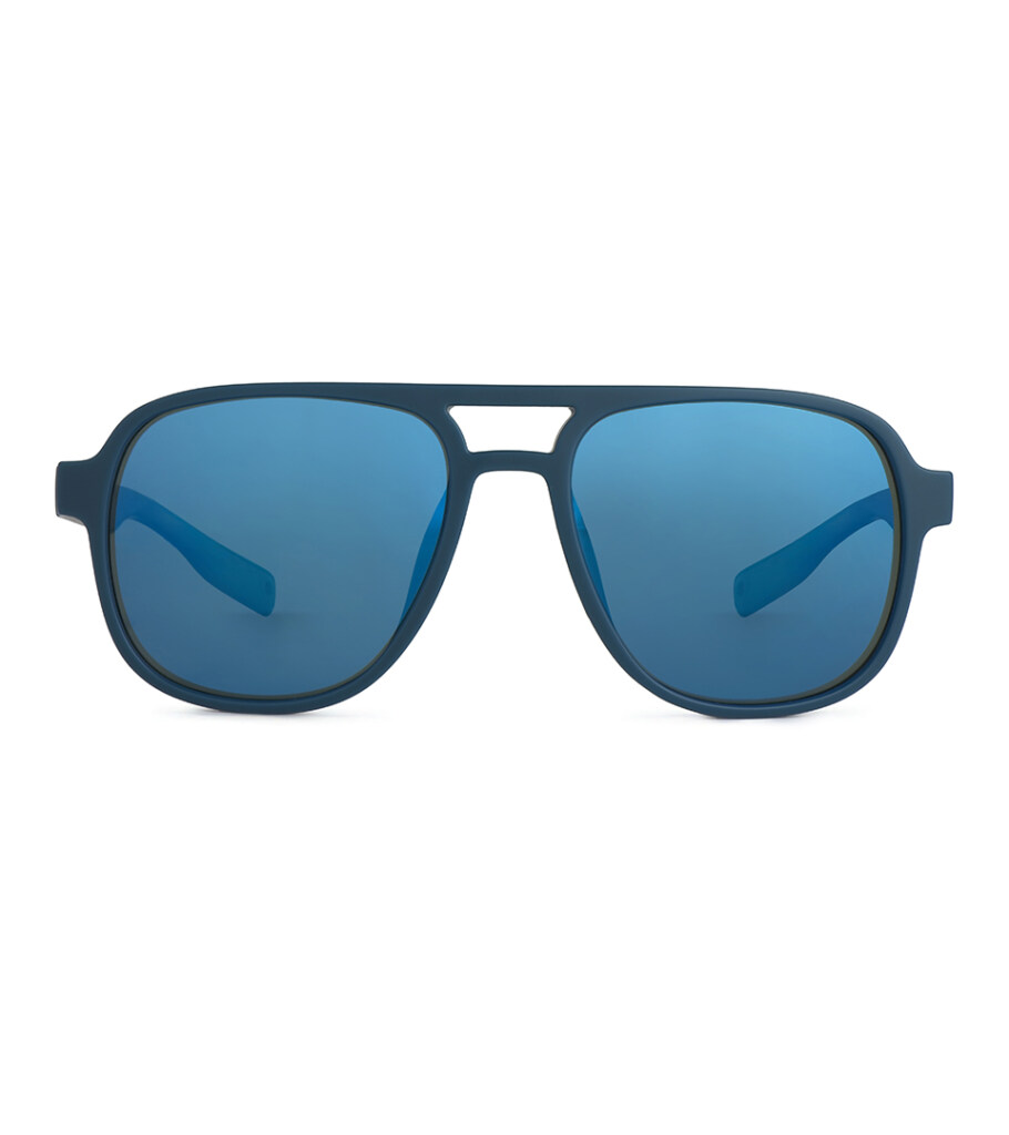 Product photography of navy blue navigator sunglasses with blue mirrored lenses, front view