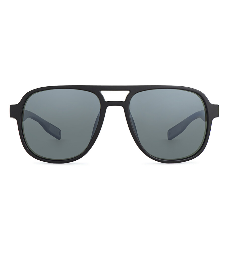 Product photography of black double-bridge navigator sunglasses with grey-green lenses, front view