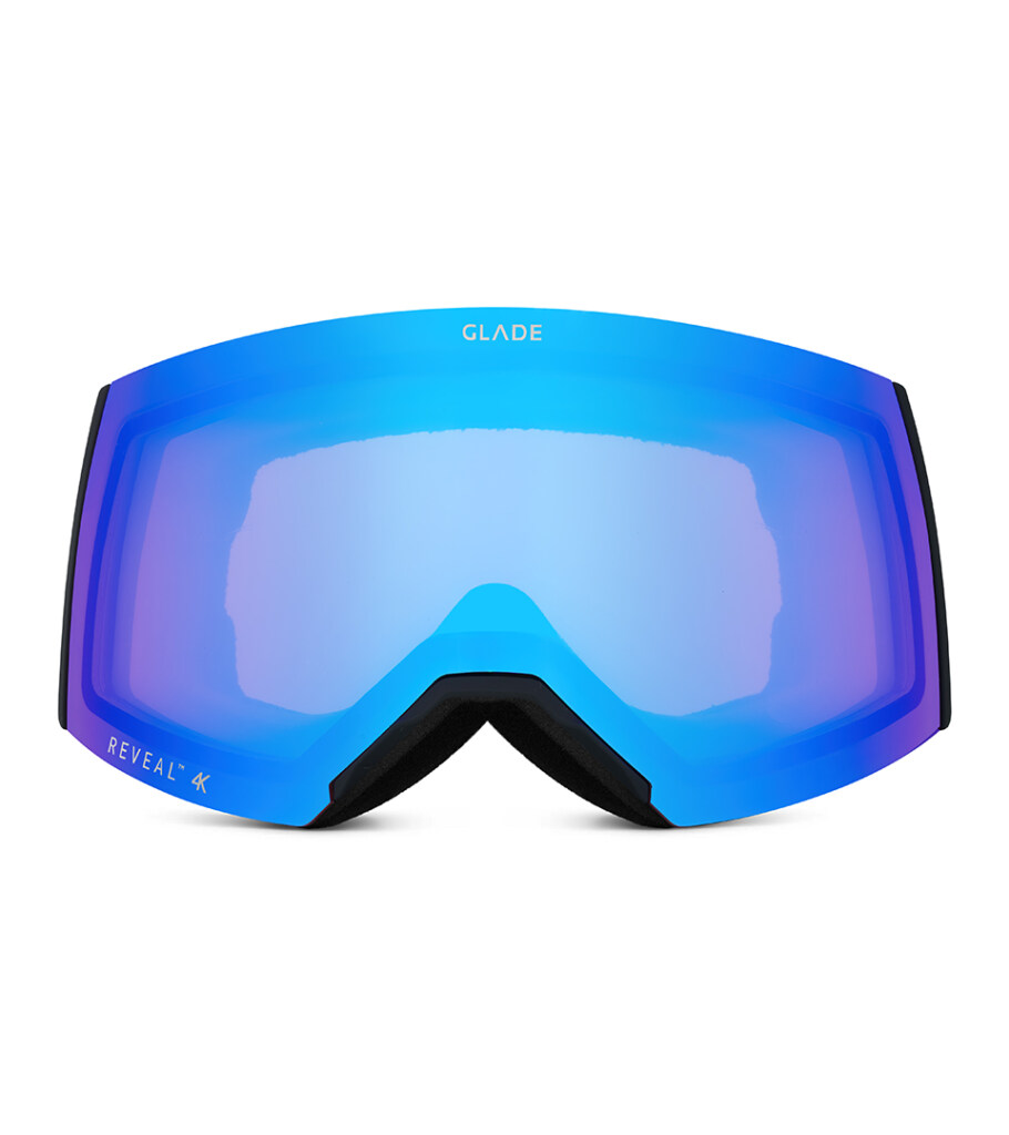 Product photography of snow goggles with an ice blue mirrored spherical lens, front view