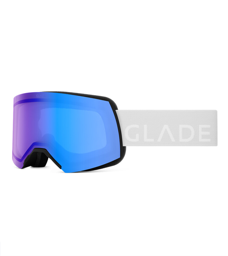 Product photography of blue-lens snow goggles with a logo strap, three-quarter side view
