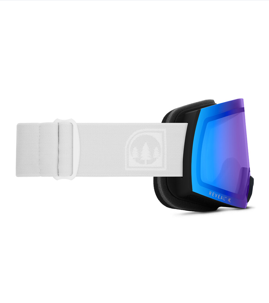 Product photography of snow goggles with a blue mirrored lens and white strap, side view