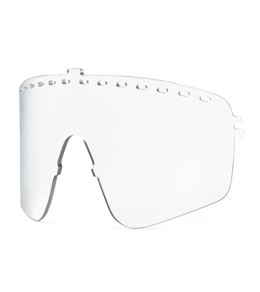 Product photography of a clear cylindrical goggle lens shown flat, front view