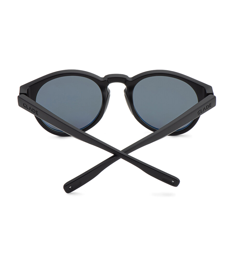 Product photography of round black shield sunglasses from behind with temples crossed