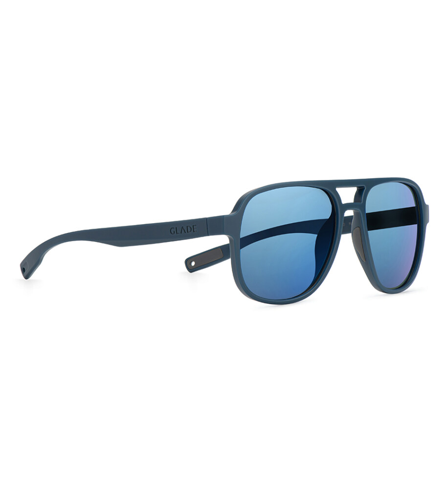 Product photography of navy navigator sunglasses with flat blue lenses, angled view