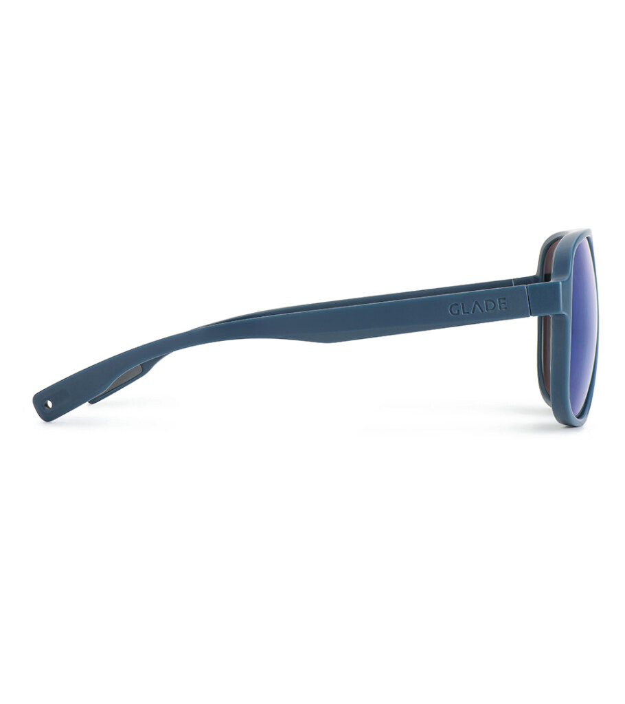 Product photography of navy sunglasses in straight side profile showing the flat temple arm