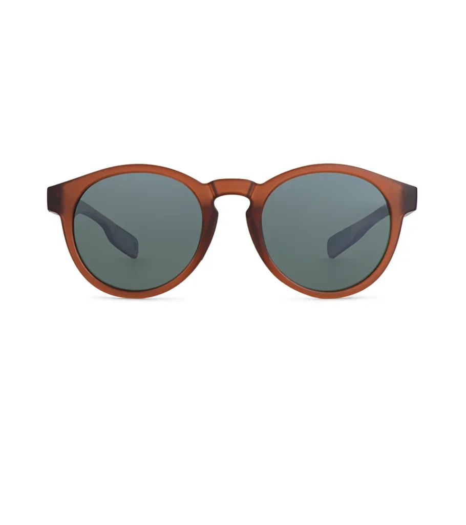 Product photography of round amber sunglasses with green lenses, front view
