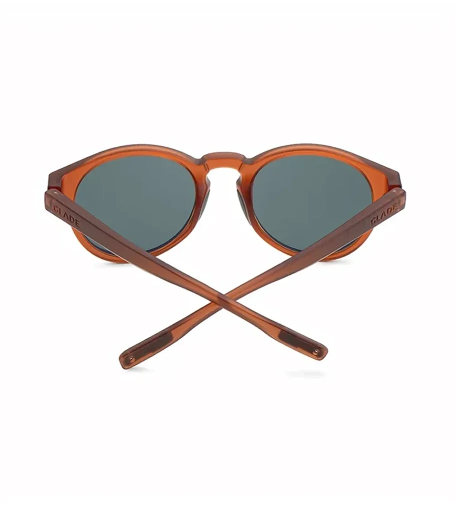 Product photography of round amber sunglasses from behind with temples crossed, back view