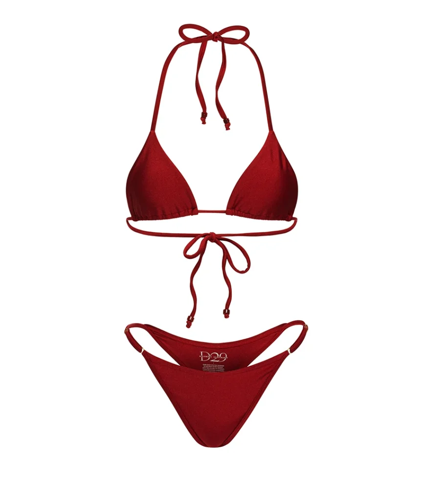 Professional swimwear product photography of a red triangle bikini set, showcasing fabric texture, fit, and clean e-commerce presentation on a white background.