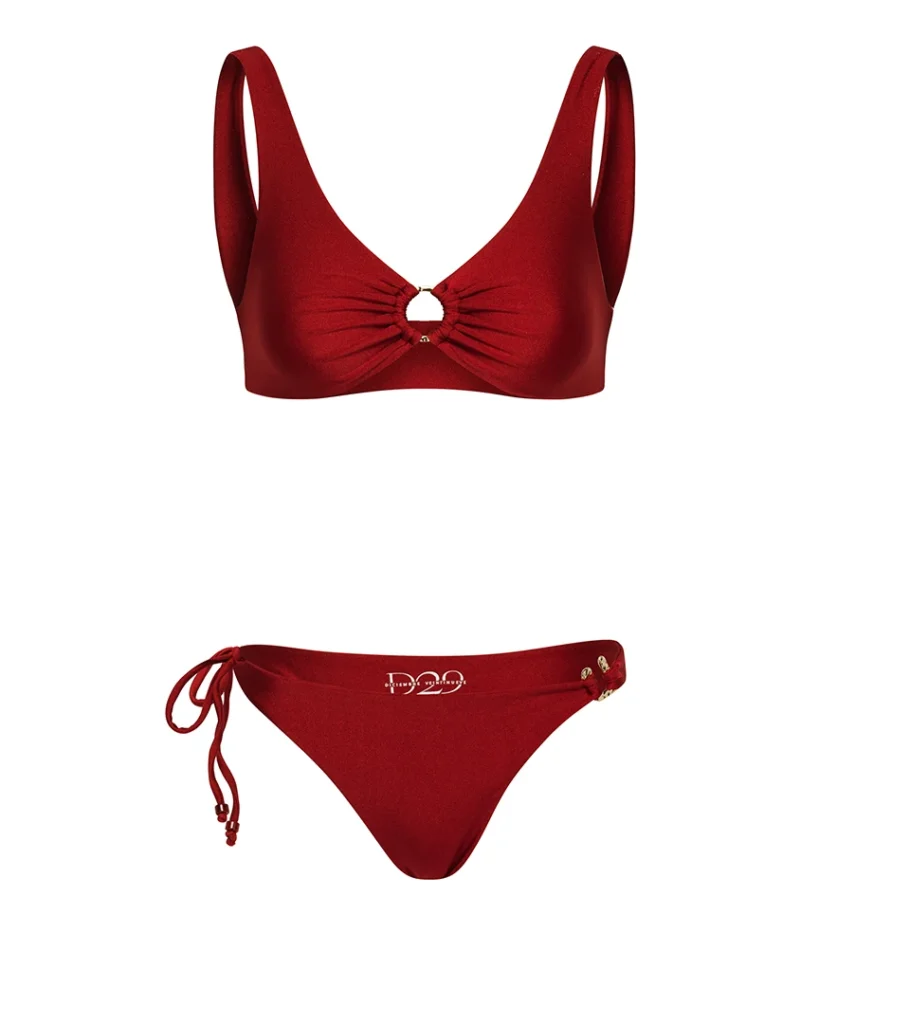Professional product photography of a red bikini set, displaying the bikini top and bottom with clean lighting for luxury swimwear e-commerce.