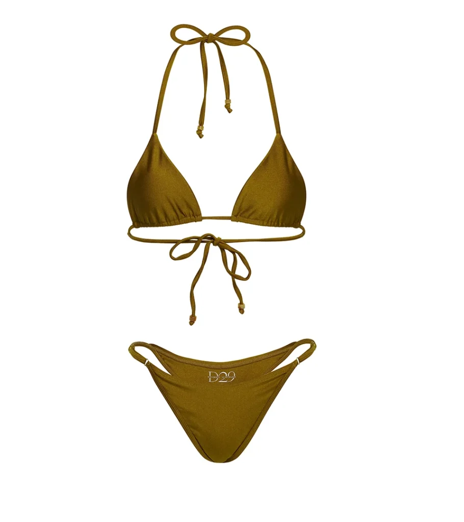 Swimwear product photography of an olive triangle bikini set, emphasizing garment shape, fabric texture, and premium product details for online retail.