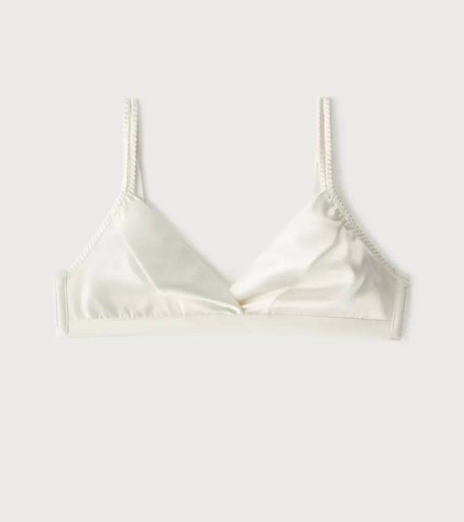 Professional underwear product photography of a white women's bralette, showcasing the fabric, fit, and clean e-commerce presentation on a white background.