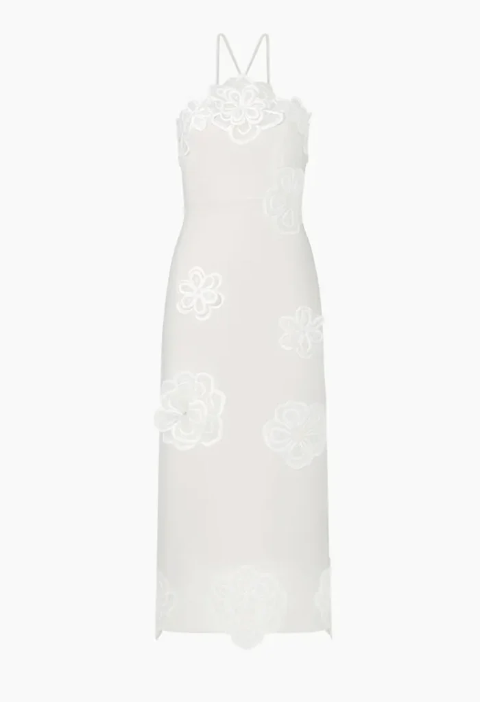 Ghost mannequin photography of a white sleeveless midi dress with three-dimensional floral lace appliqués, front view on white