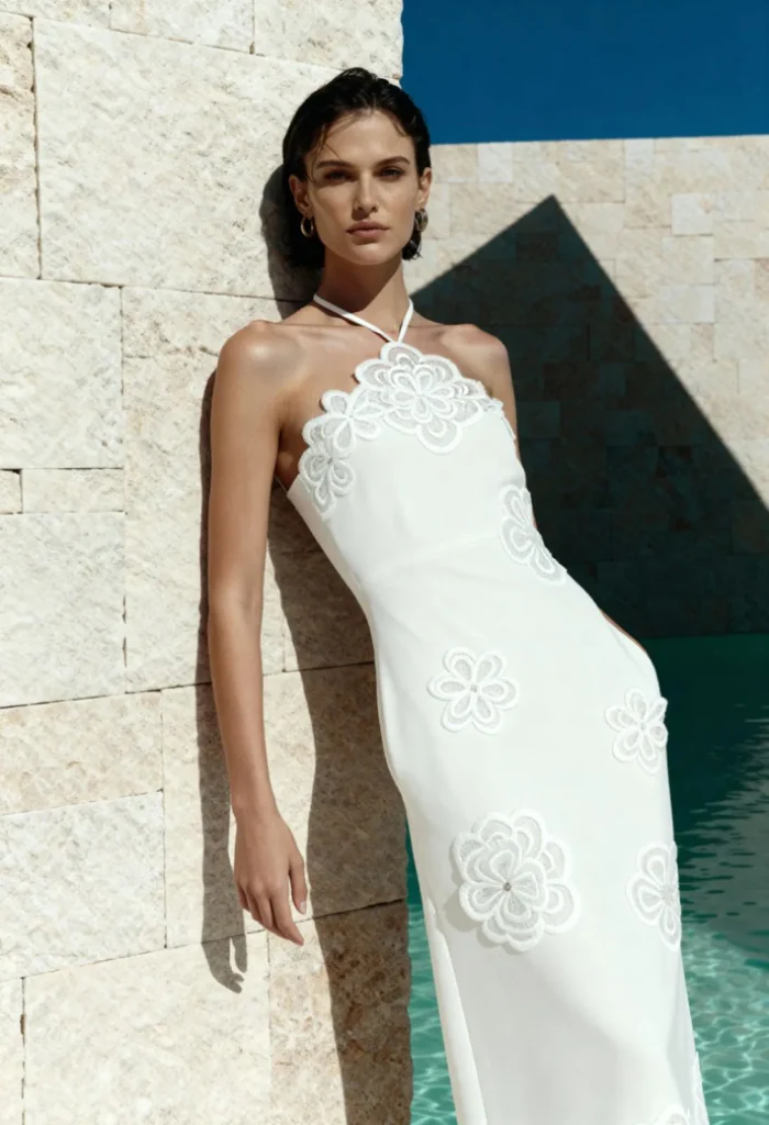 AI model photography of a white halter midi dress with floral lace appliqués, editorial scene against a sunlit limestone wall beside a pool